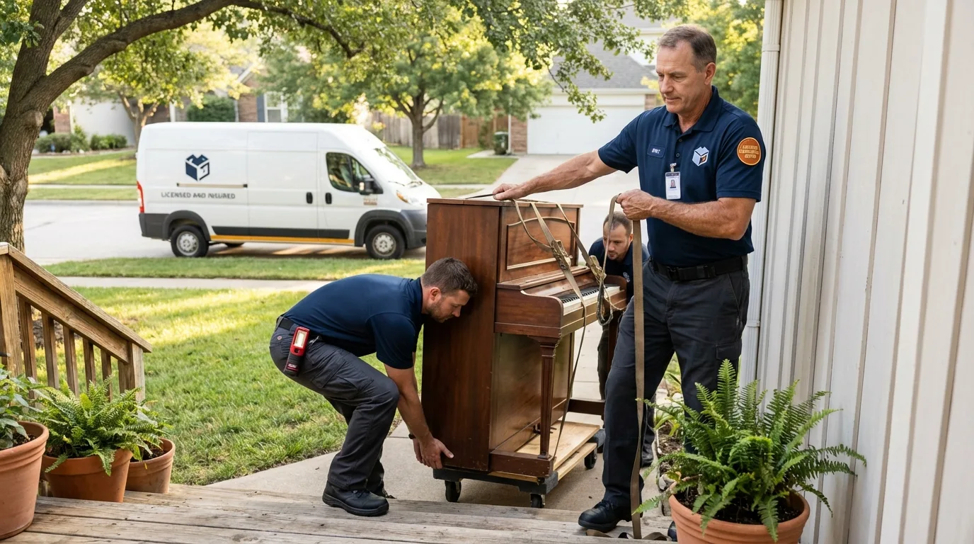 Licensed piano movers securing grand piano in Freeman, SD