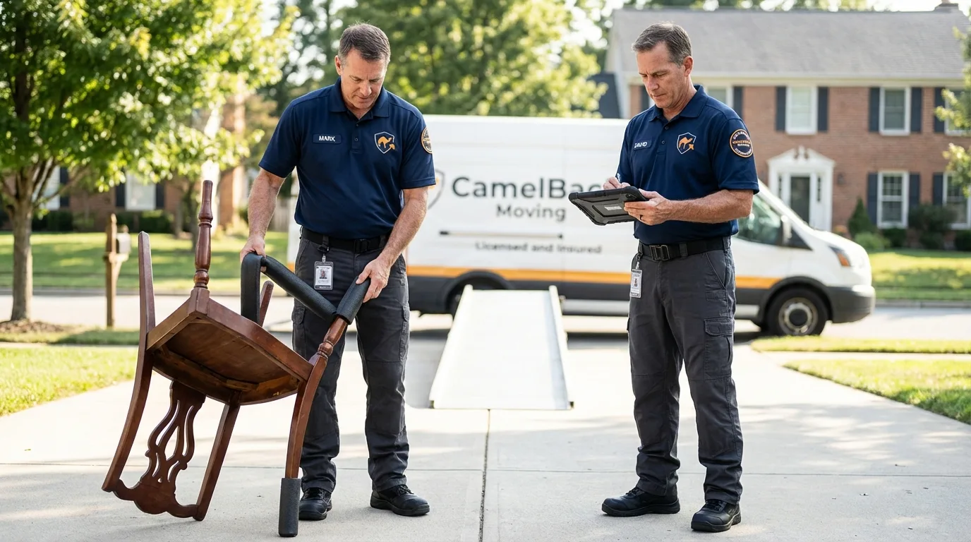 Movers inspecting furniture for damage prevention before loading in Freeman, SD