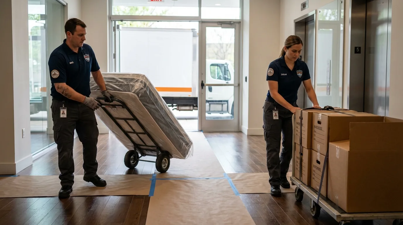 Professional apartment movers loading elevator in Freeman, SD